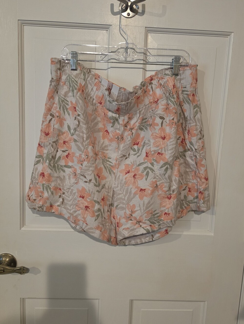 NWTBriggs Womens Floral Linen-Blend Pull-On Shorts Pink/ Beige, Green/ White XXL